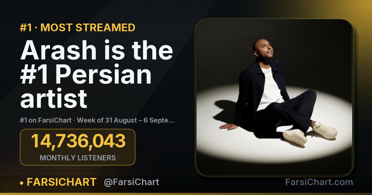Arash is the #1 Persian artist · Week of 31 August – 6 September 2026 — Persian music chart · FarsiChart