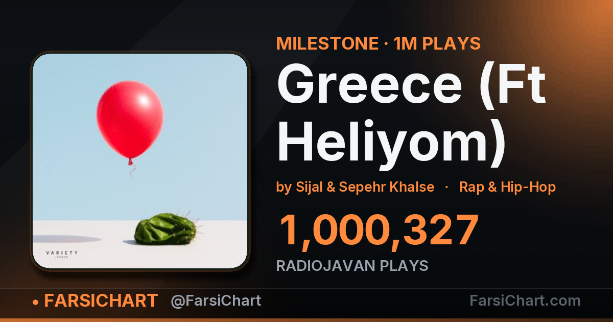 "Greece (Ft Heliyom)" passes 1,000,000 plays — Persian music chart · FarsiChart